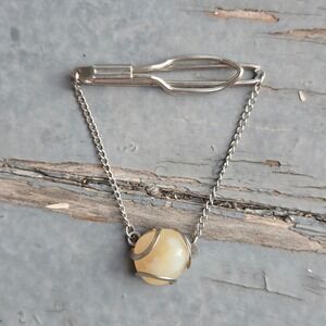 VTG Unbranded Tie Bar Clip Chain Silver Yellow Stone Caged Orb Men Accessory EUC
